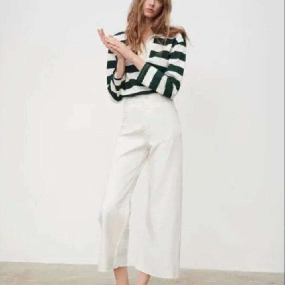 Zara The Marine Straight Jean Off White High Rise Raw Hem Size 2